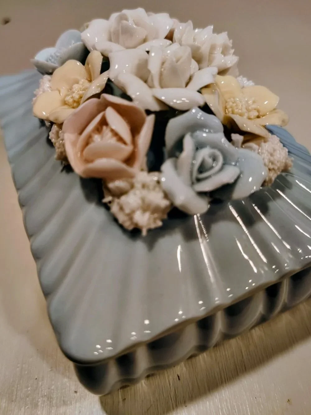 Vintage Japan Blue Porcelain Pink Flowers Floral Trinket Box